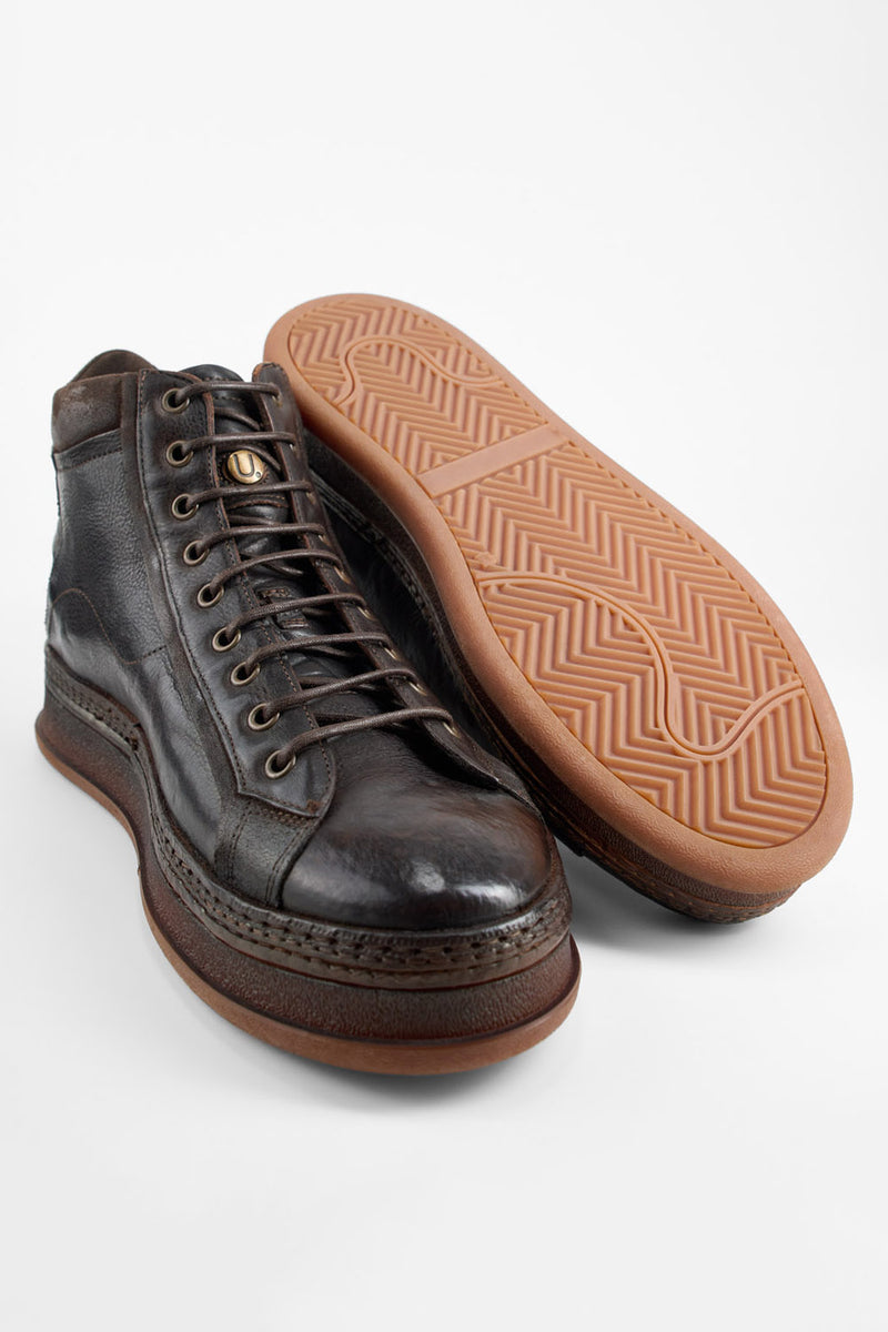 COLE dark-cocoa welted distressed high sneakers.
