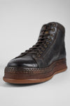 COLE dark-cocoa welted distressed high sneakers.