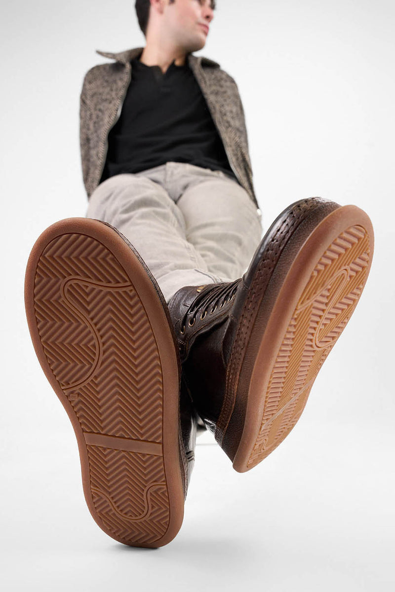 COLE dark-cocoa welted distressed sneakers.