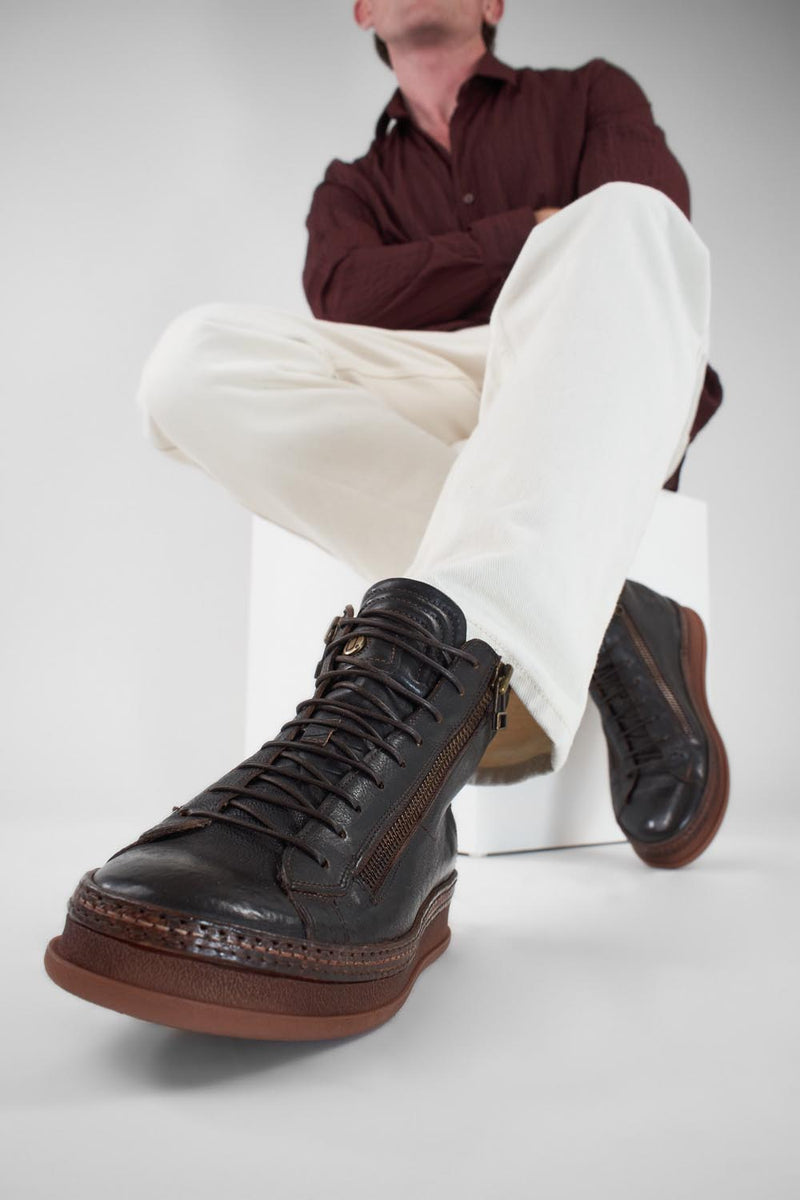 COLE dark-cocoa double-zip welted distressed high sneakers.