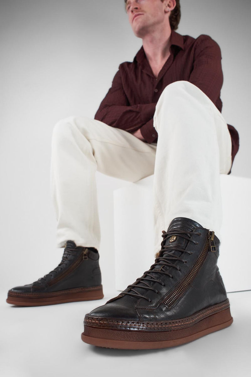 COLE dark-cocoa double-zip welted distressed high sneakers.