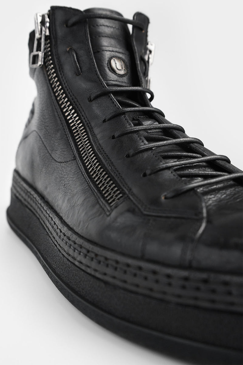 COLE rugged-black double-zip welted high sneakers.