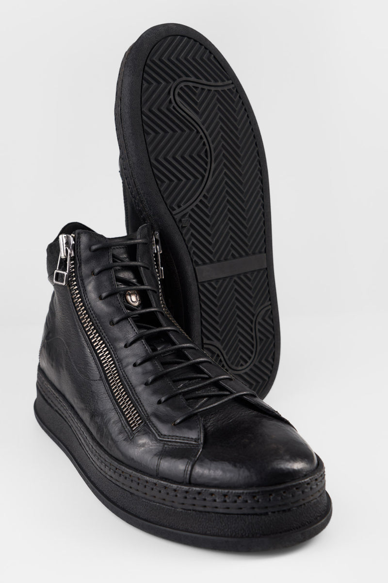 COLE rugged-black double-zip welted high sneakers.