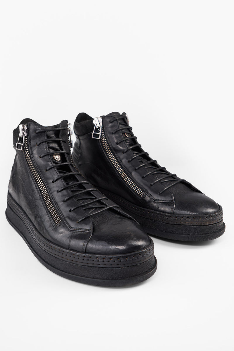 COLE rugged-black double-zip welted high sneakers.