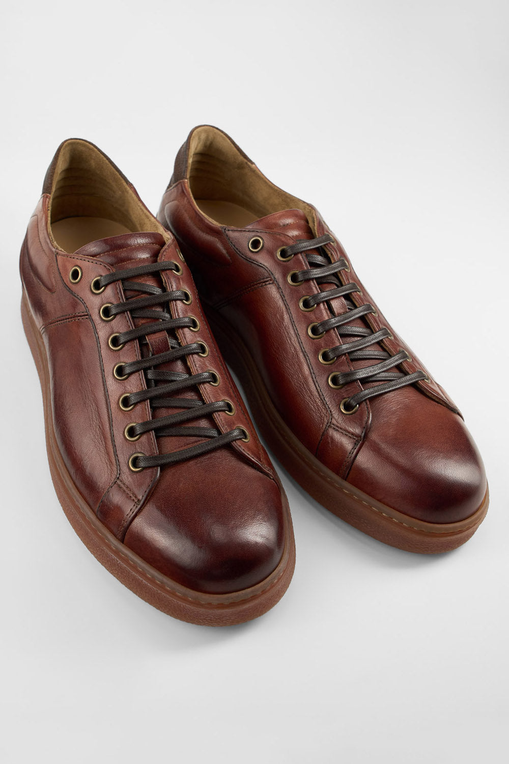 CREED cognac distressed sneakers.