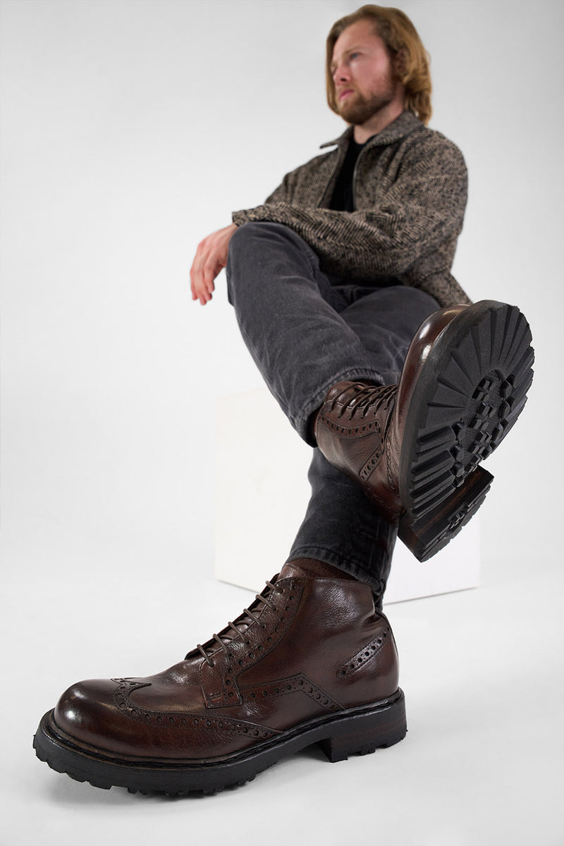 DRAKE dark-chestnut brogue chukka boots.