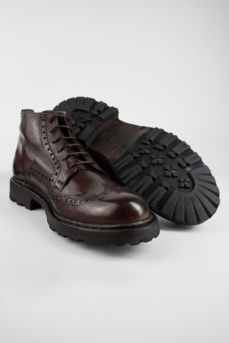 DRAKE dark-chestnut brogue chukka boots.