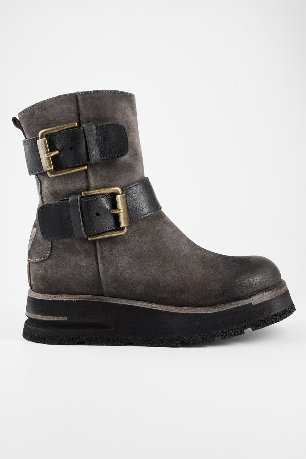 HARLEY fossil-grey suede buckle bikers.