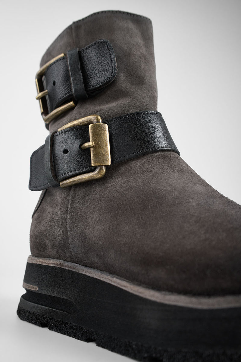 HARLEY fossil-grey suede buckle bikers.