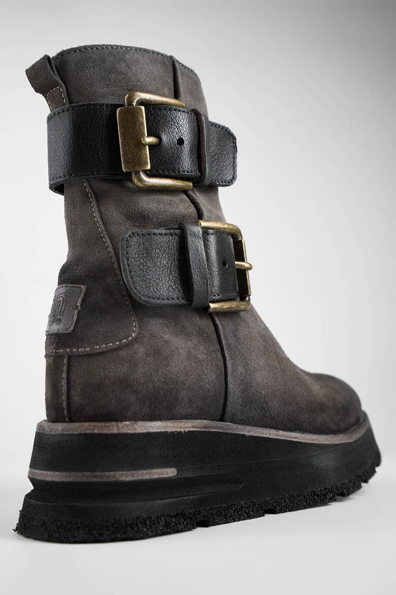 HARLEY fossil-grey suede buckle bikers.