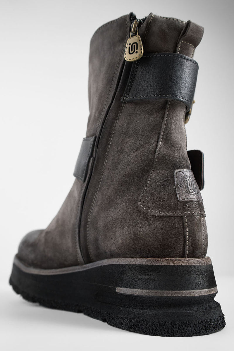HARLEY fossil-grey suede buckle bikers.