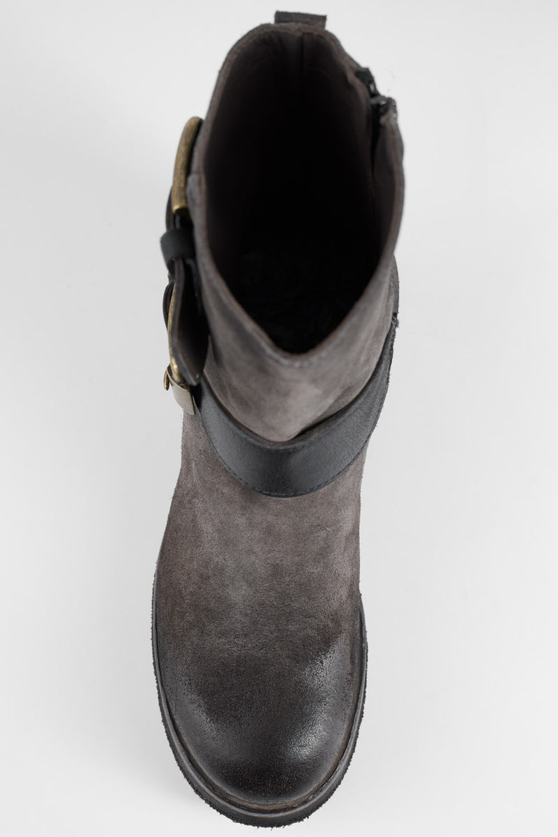 HARLEY fossil-grey suede buckle bikers.