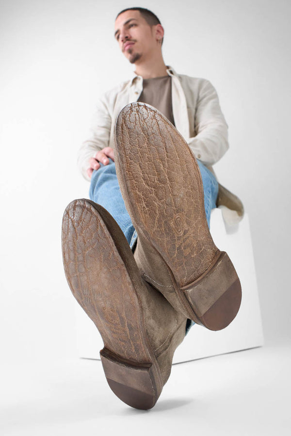 HAVEN linen-grey suede low ankle boots.