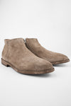 HAVEN linen-grey suede low ankle boots.