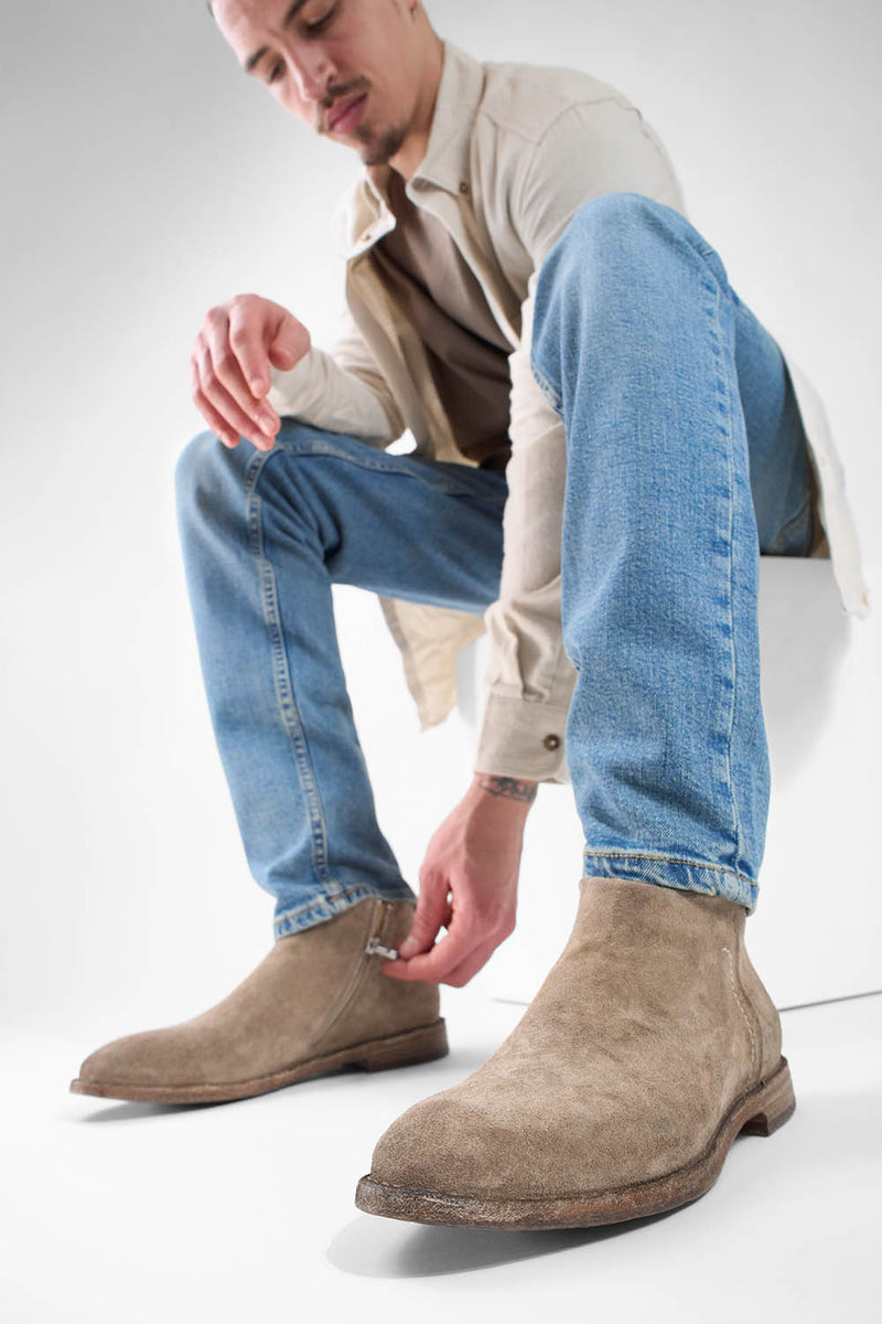 HAVEN linen-grey suede low ankle boots.