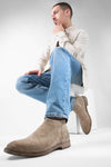 HAVEN linen-grey suede low ankle boots.