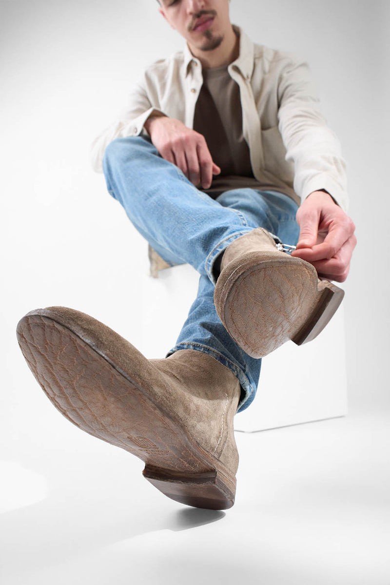 HAVEN linen-grey suede low ankle boots.