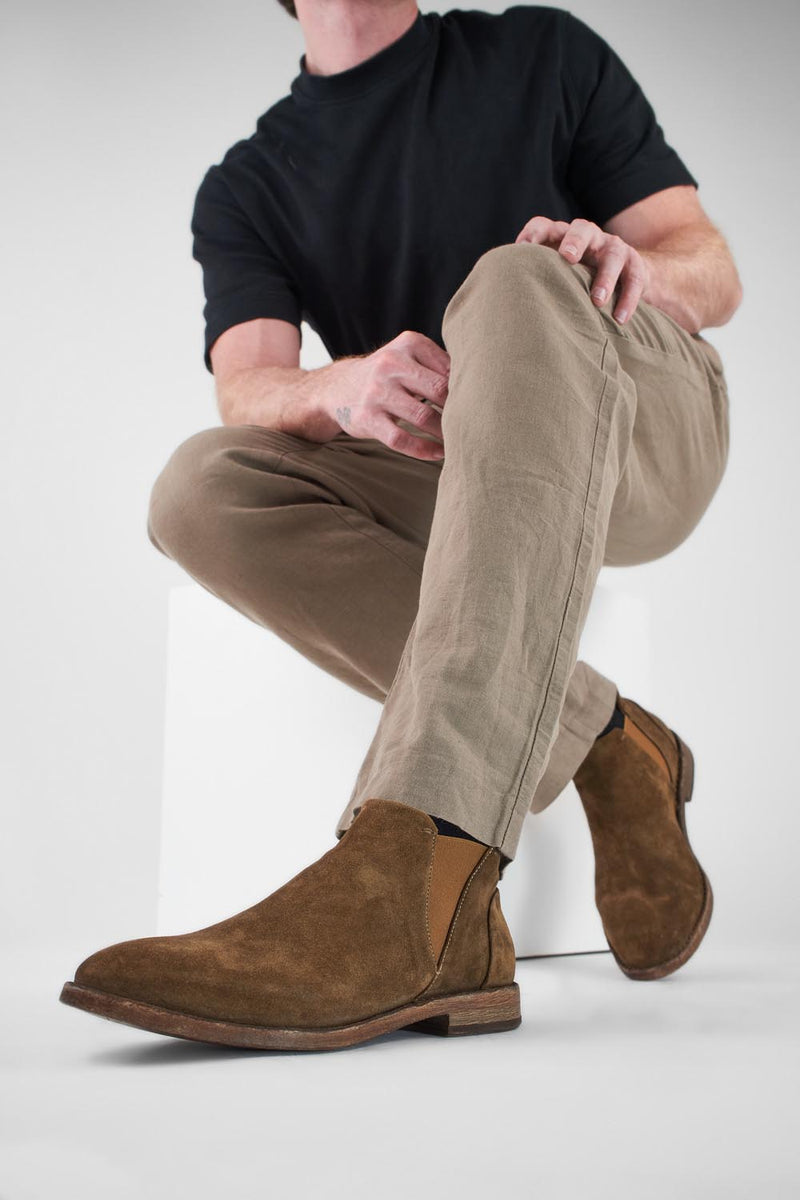 HAVEN barley-brown suede low chelsea boots.