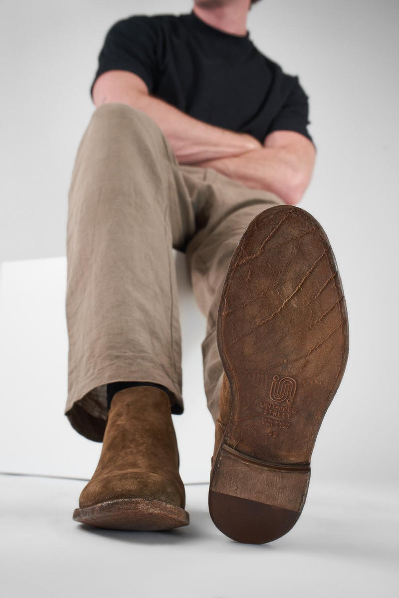 HAVEN barley-brown suede low chelsea boots.