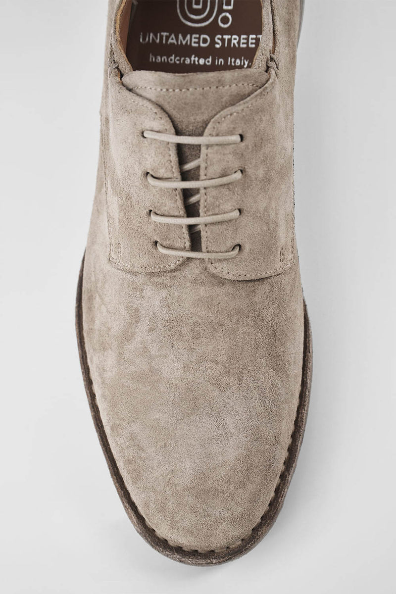 HAVEN linen-grey suede derby shoes.