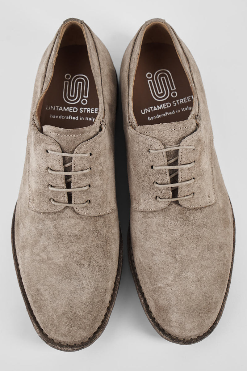 HAVEN linen-grey suede derby shoes.