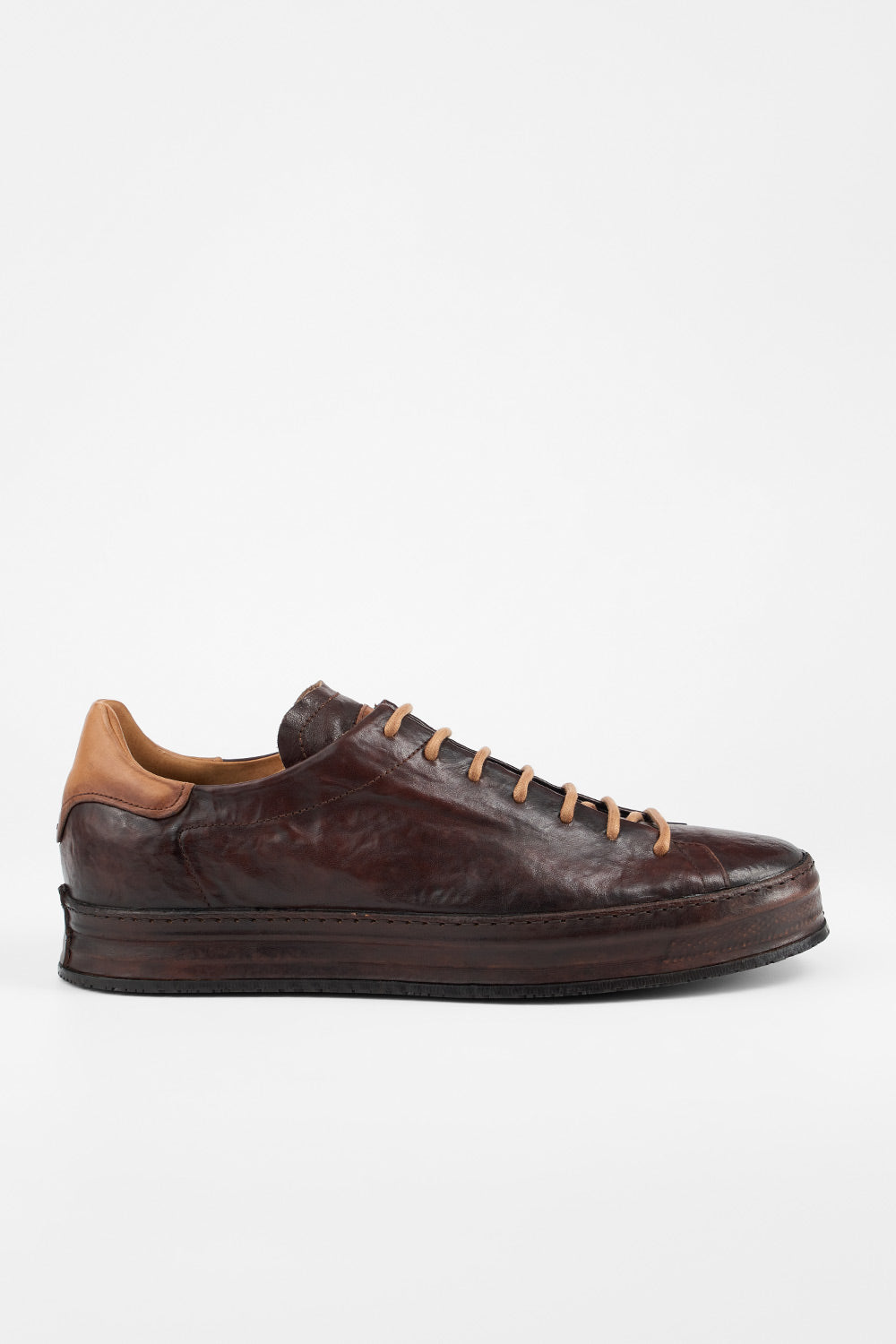 HAYES dark-cocoa distressed welted sneakers.