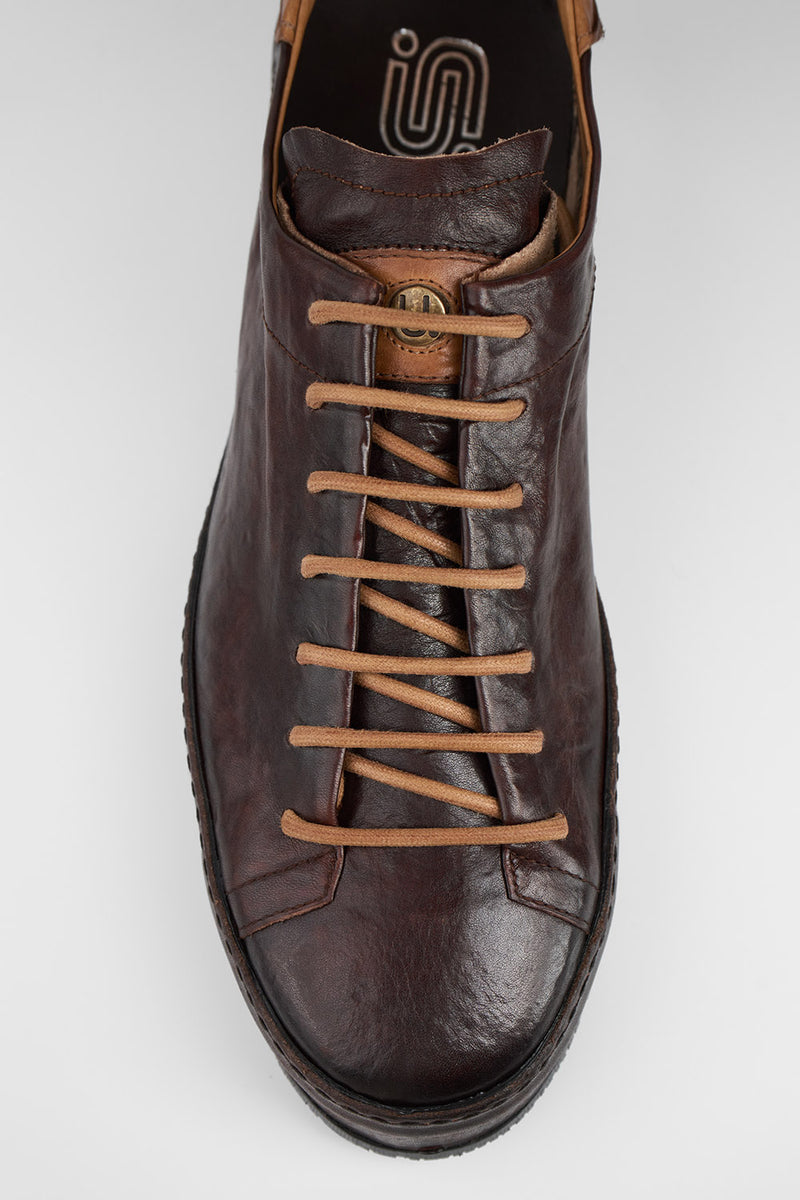 HAYES dark-cocoa distressed welted sneakers.