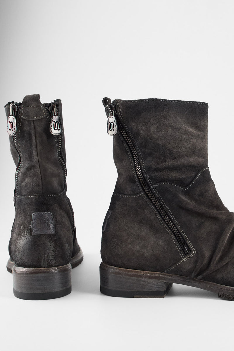 IVES warm-grey suede laceless boots.