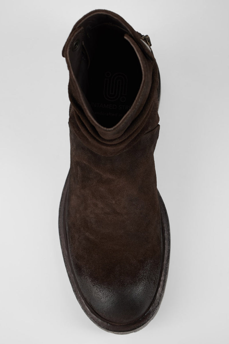 KEATS burnt-umber suede laceless boots.