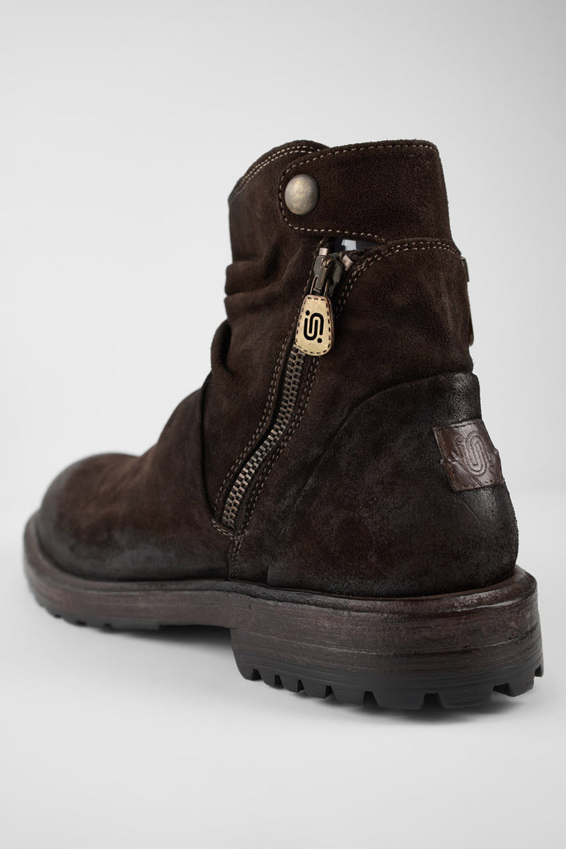 KEATS burnt-umber suede laceless boots.