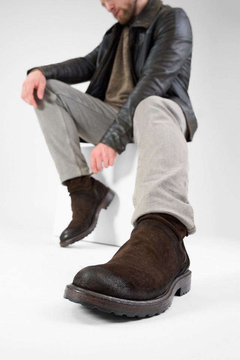 KEATS burnt-umber suede laceless boots.