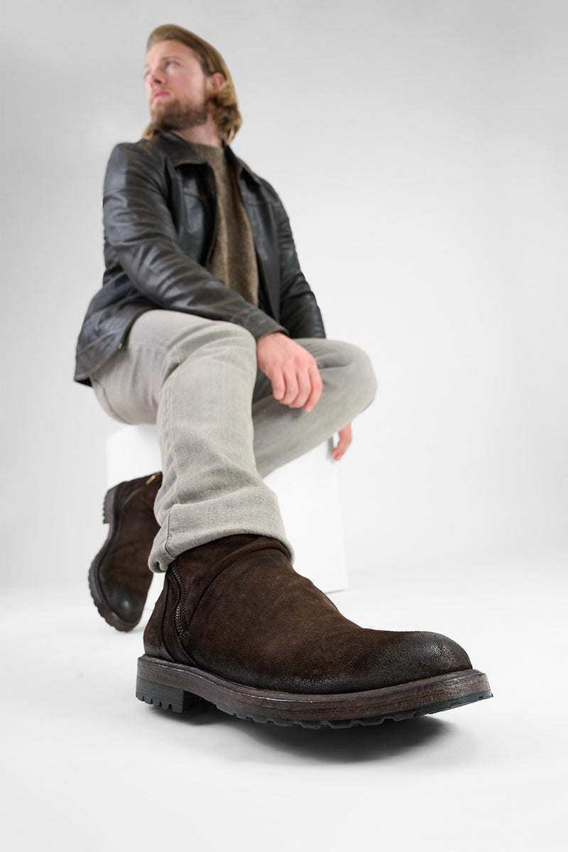 KEATS burnt-umber suede laceless boots.