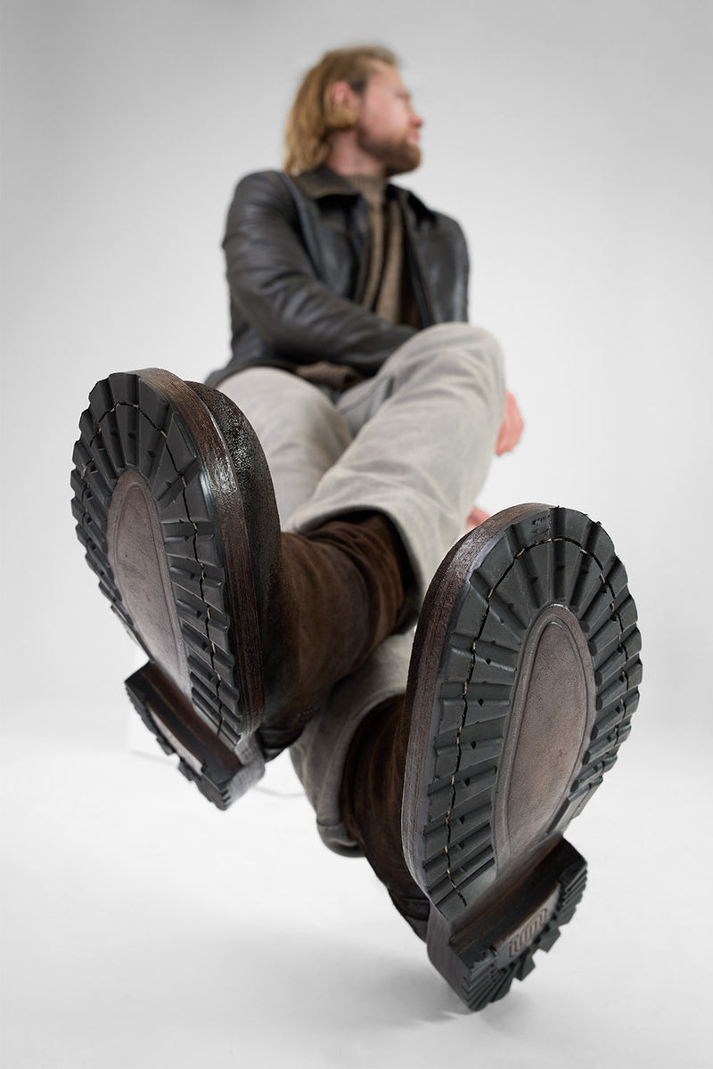 KEATS burnt-umber suede laceless boots.