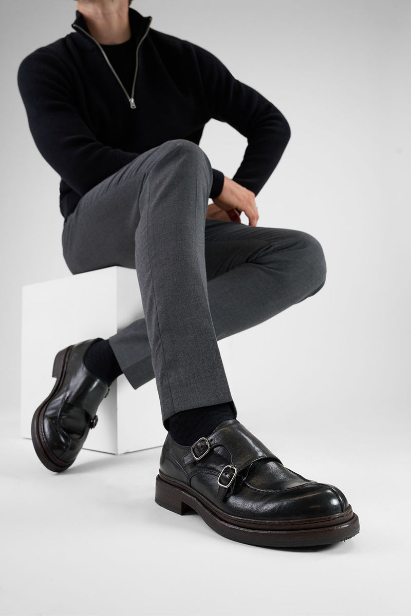 LAMBETH jet-black welted monk shoes.