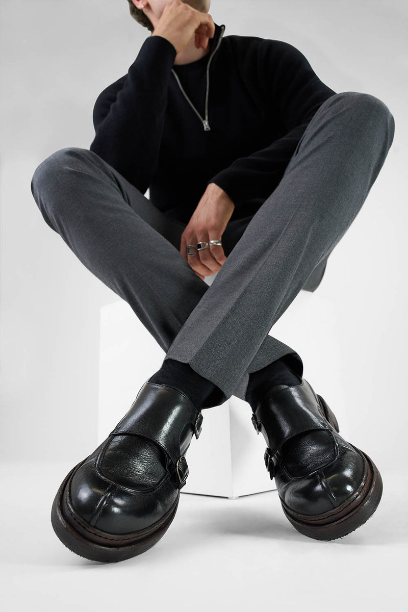 LAMBETH jet-black welted monk shoes.