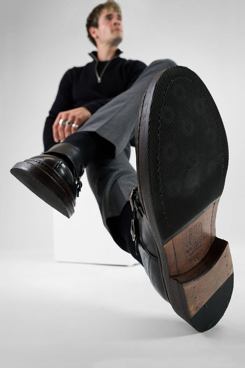 LAMBETH jet-black welted monk shoes.