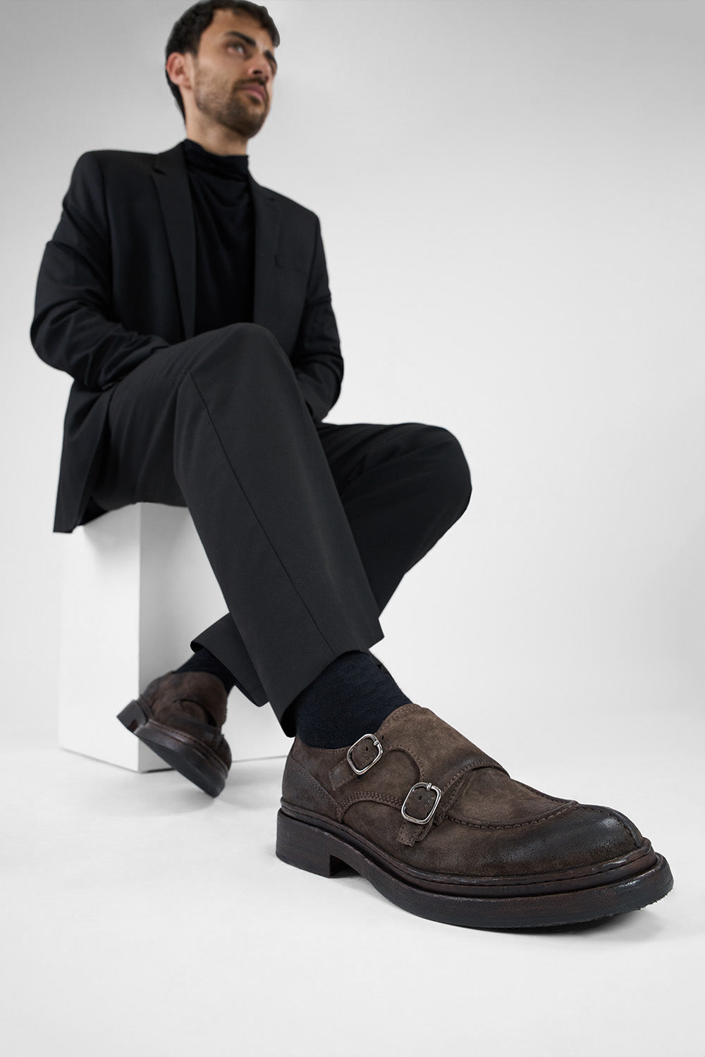 LAMBETH coffee-brown suede welted monk shoes.