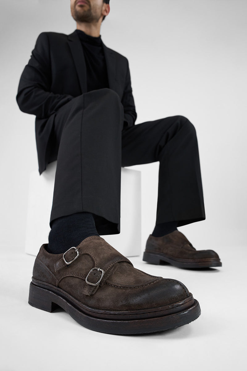 LAMBETH coffee-brown suede welted monk shoes.