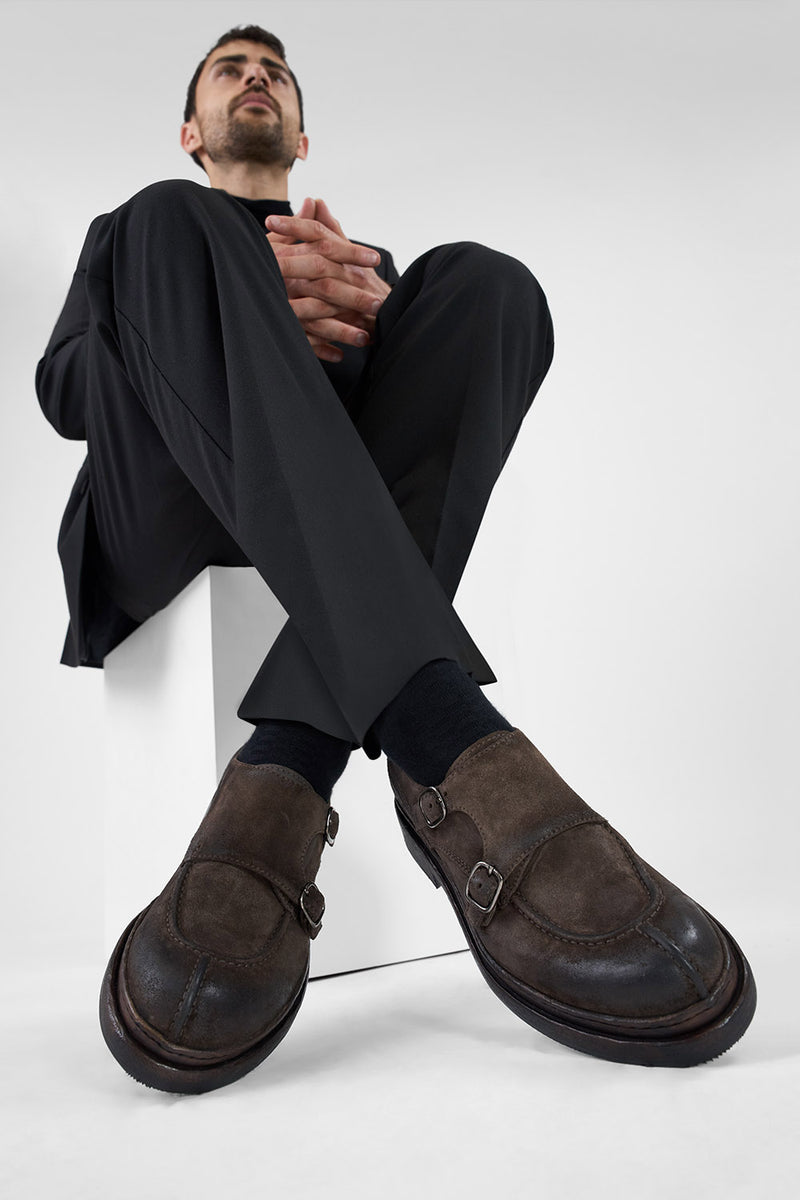 LAMBETH coffee-brown suede welted monk shoes.