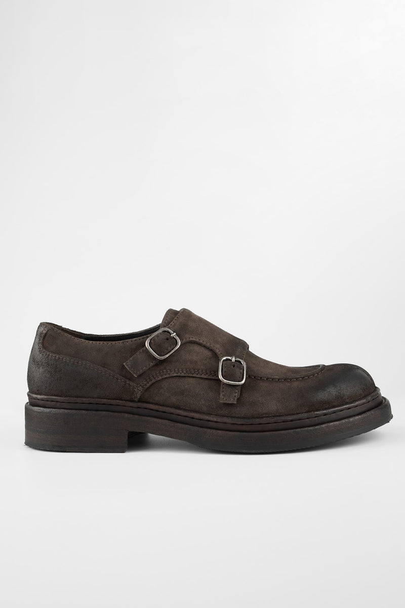 LAMBETH coffee-brown suede welted monk shoes.