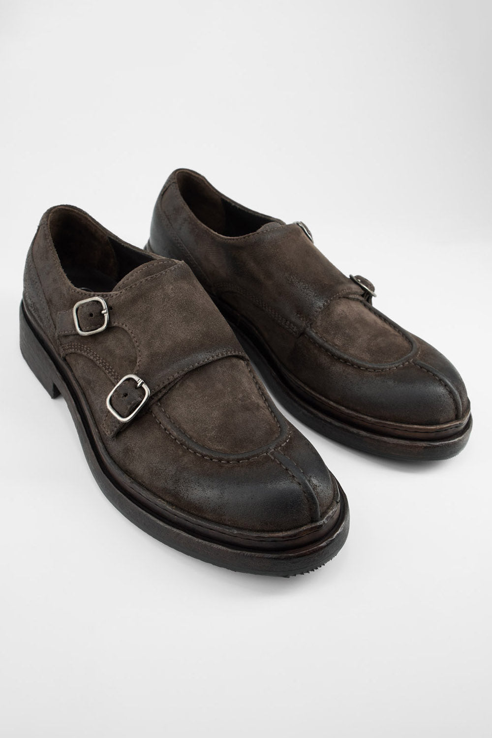 LAMBETH coffee-brown suede welted monk shoes.