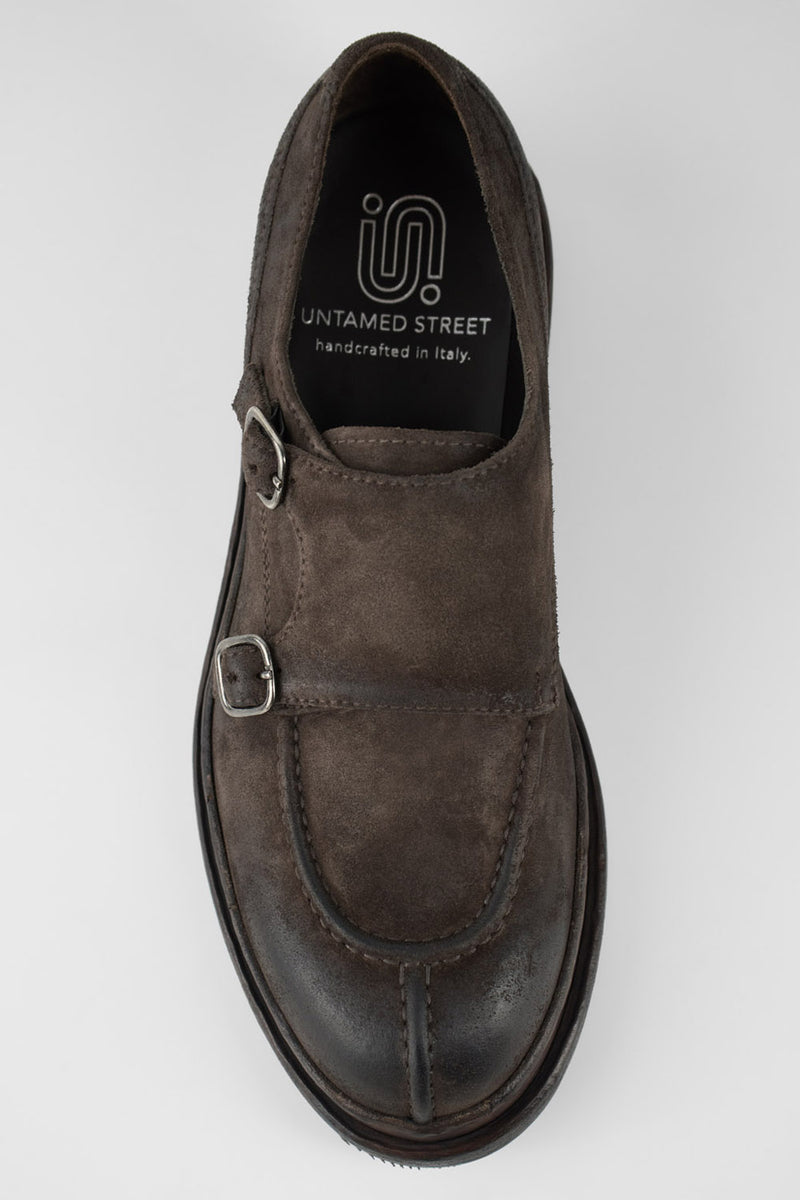 LAMBETH coffee-brown suede welted monk shoes.