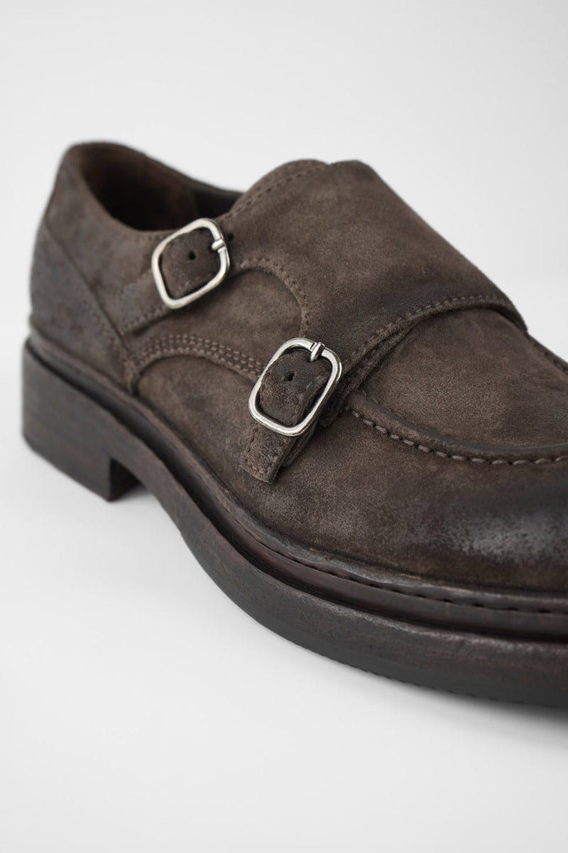 LAMBETH coffee-brown suede welted monk shoes.