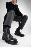 BOLTON limo-black layered lace up boots.