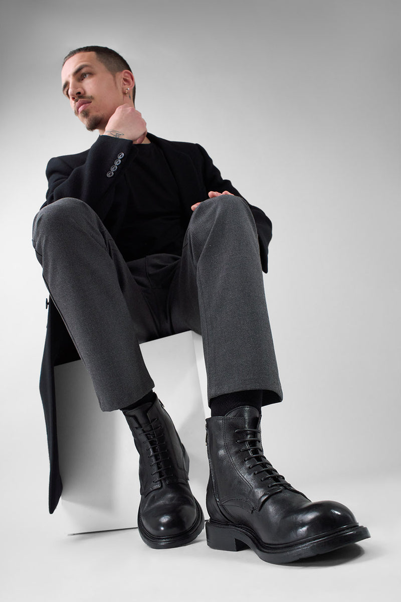 BOLTON limo-black layered lace up boots.