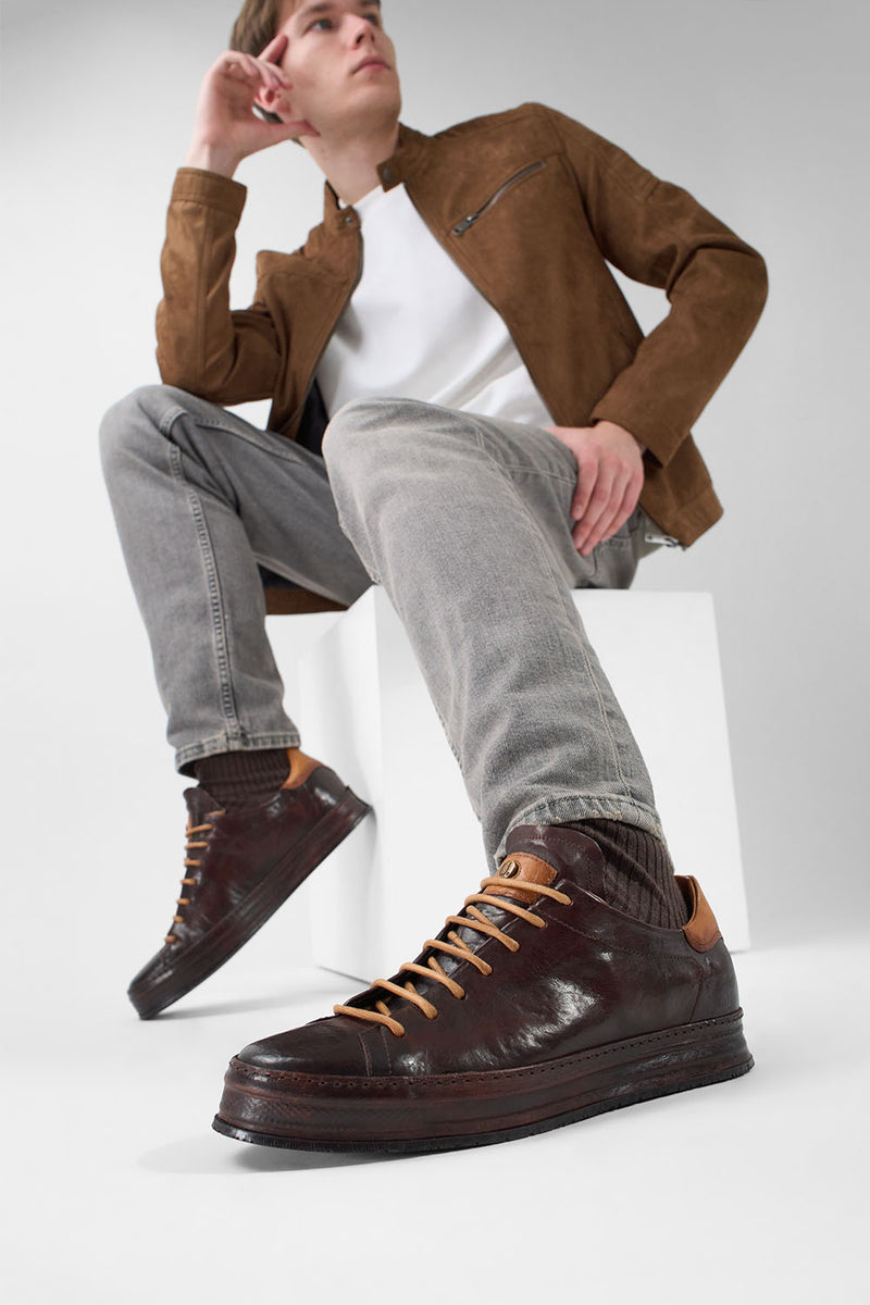 HAYES dark-cocoa distressed welted sneakers.