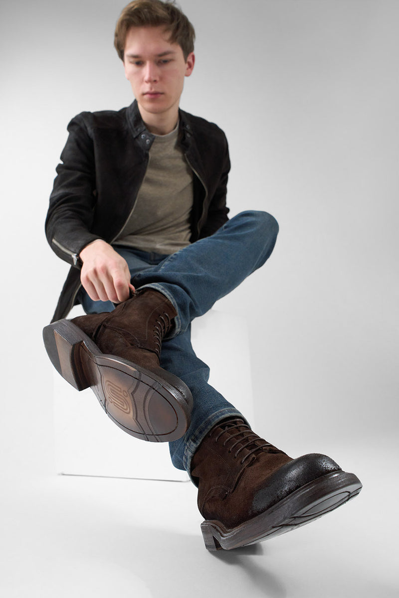 BOLTON tobacco-brown suede layered lace up boots.