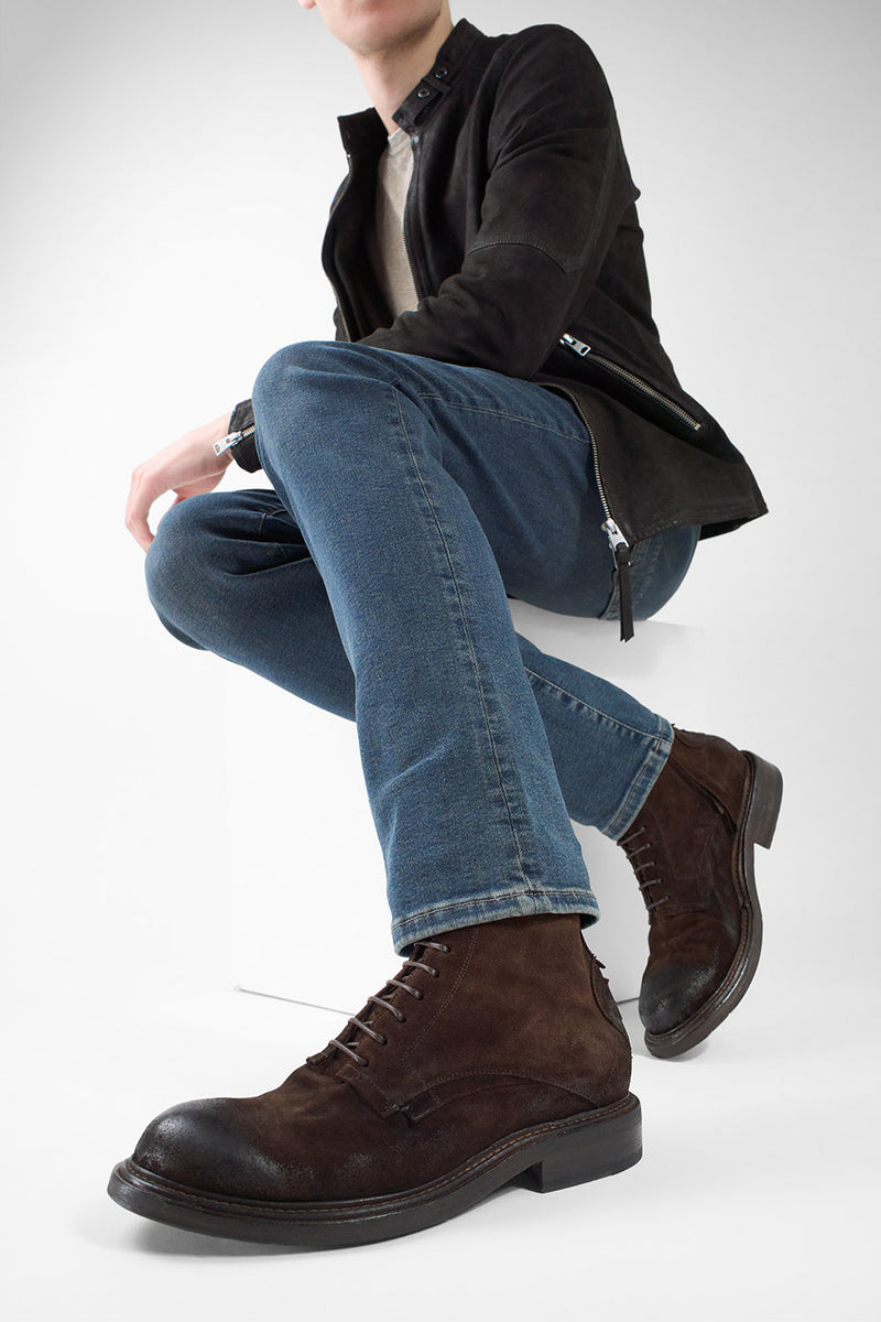 BOLTON tobacco-brown suede layered lace up boots.