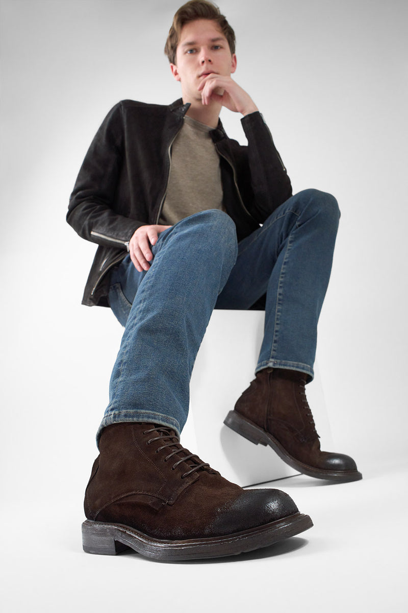 BOLTON tobacco-brown suede layered lace up boots.