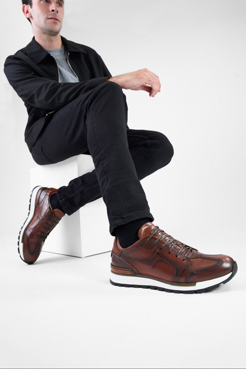 OWEN cocoa-brown triple stitched wingtip patina runners.